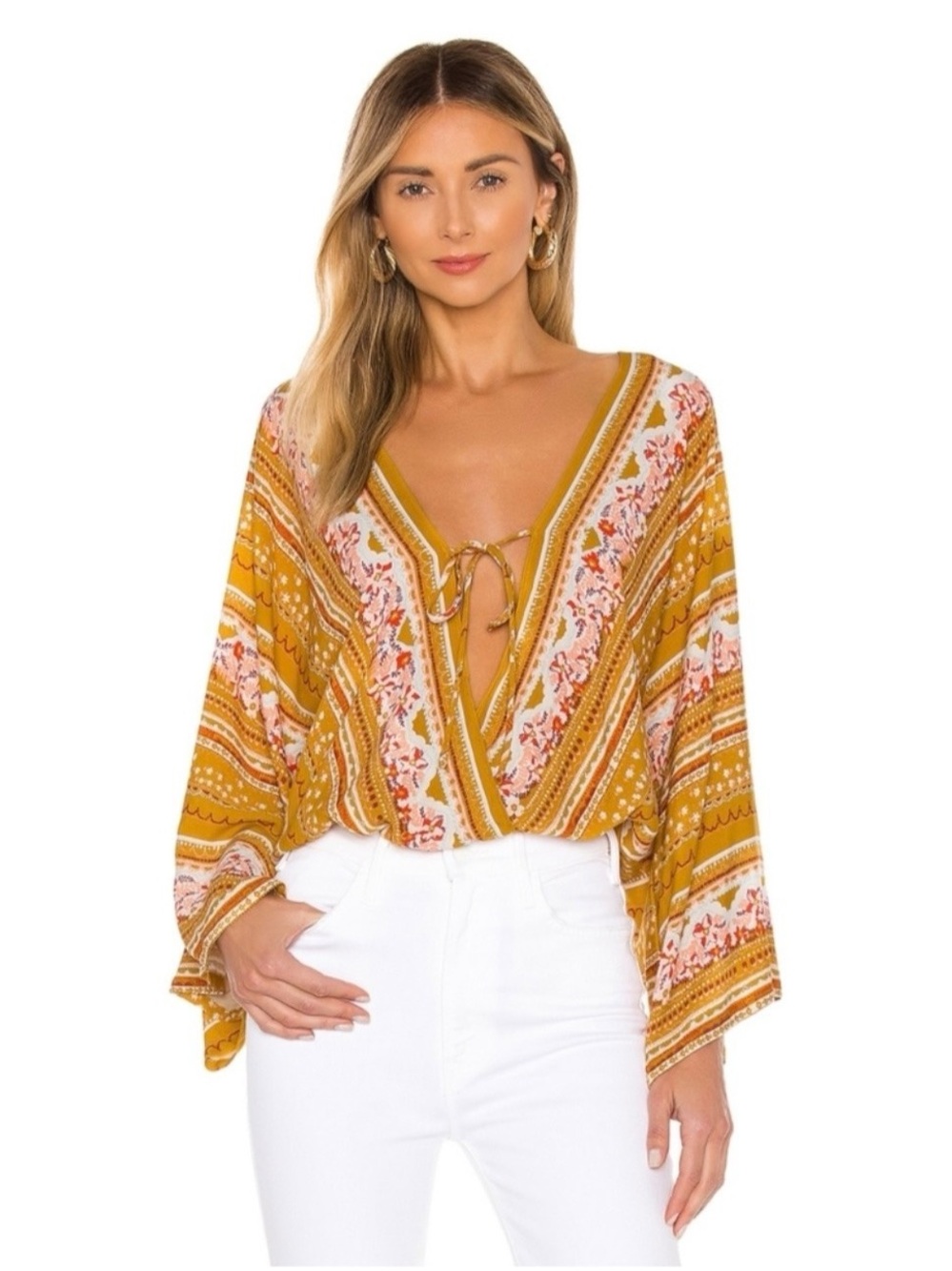 Free People Intimately Gold Plunging Neckline Bell Sleeve Bodysuit Size Medium